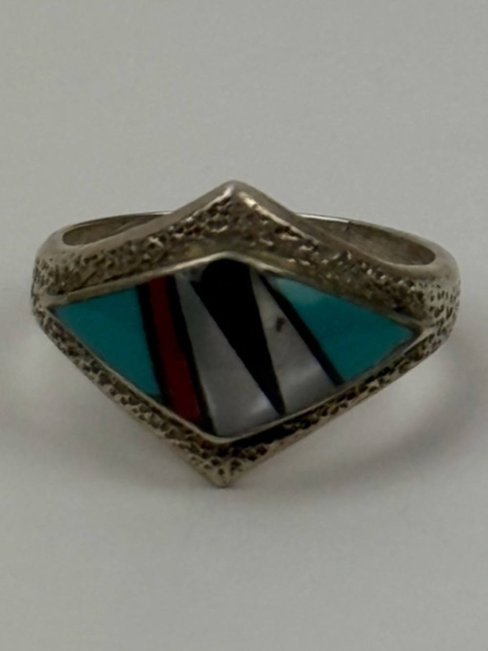Sterling-Inspired Inlay Chevron Ring with Turquoise, Black and Red Accents